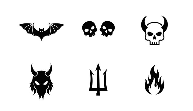 Collection of dark fantasy and occult symbols including bat skulls devil trident and flames