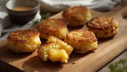 Fototapeta premium Cheese-filled potato cakes on a wooden cutting board