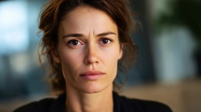 A woman's emotional journey captured in two contrasting frames, illustrating a deep moment of reflection followed by a piercing gaze filled with determination and intensity.