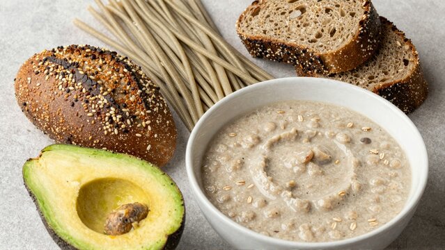 Oatmeal bowl with avocado and seeded bread