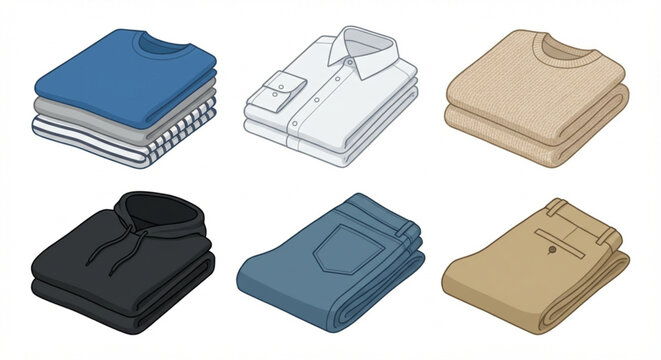 Organized wardrobe concept Isometric vector illustration of neatly folded garments, including shirts, sweaters, jeans, and pants