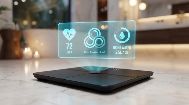 Smart bathroom scale with heart rate and health metrics on a marble countertop in a modern home