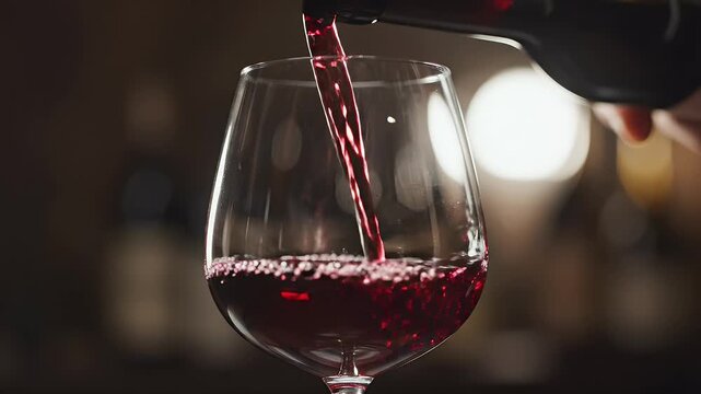 Red wine is poured into a clear glass in a close-up shot with bokeh