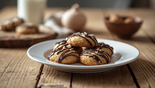 Chocolate-covered coconut cookies on a white dish