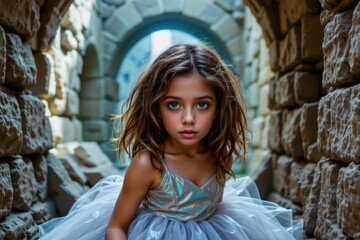 Fototapeta premium Young Girl in Iridescent Gown Hiding Amongst Sunken Ship Ruins, Anticipating Mermaid Encounter