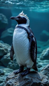 Majestic Penguin Queen adorned with a crown of pearls and shells, standing regally underwater amidst swirling sapphire and emerald currents.