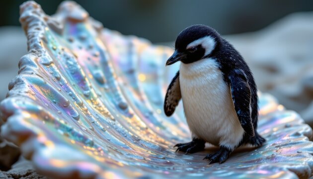 Tiny Emperor Penguin Perched on Iridescent Shell, Sparkling Dewdrops and Delicate Scales
