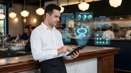 Fototapeta premium Restaurant manager using tablet with AI holographic management system