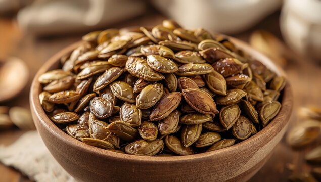 Close-up of organic salted baked pumpkin seed snack