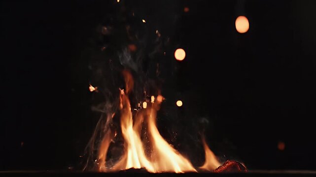 Flames dance and sparks fly in the darkness, creating an intense and abstract display
