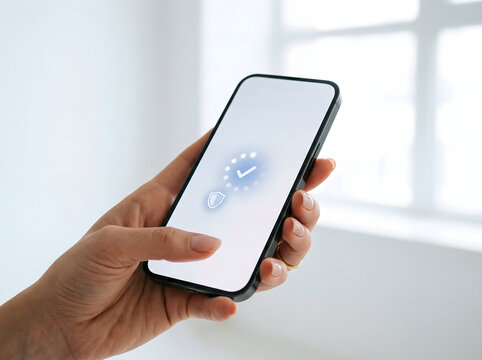 Close-up of a hand holding a smartphone with a security checkmark icon on the screen