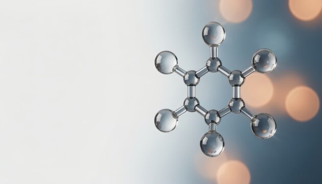 3D Rendering of a Benzene Molecule Model with Metallic Spheres