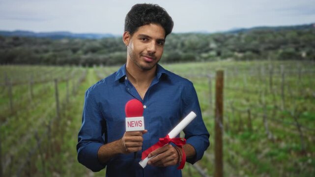 Man holding red news microphone and tied diploma, slight smile and presenting to camera in a vineyard; pride celebration.