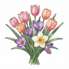 Obraz premium Beautiful Spring Bouquet of Tulips, Crocus, and Daffodil Flowers Illustration