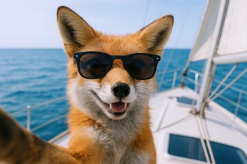 Fototapeta premium Fox in Sunglasses Taking Selfie on Sailboat Enjoying Summer Vacation at Sea