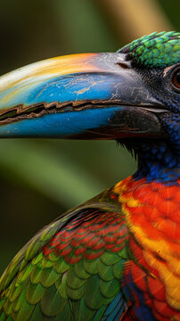 Close-up of a vibrantly colored toucanet bird with a large, multicolored beak