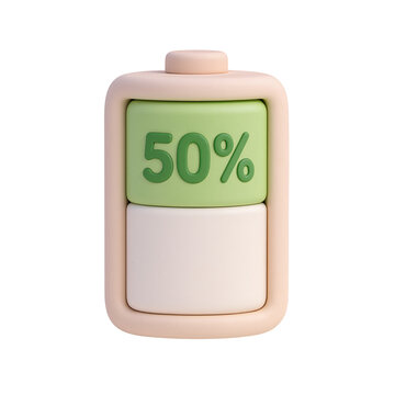 Battery at 50 percent charge isolated on transparent background showing energy level status