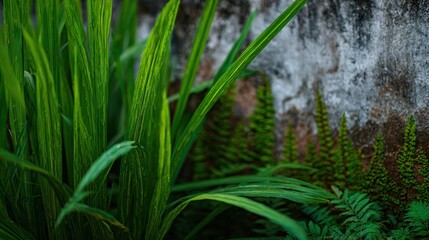 Fototapeta premium 屋外エリアの壁の近くに緑の植物が生えています