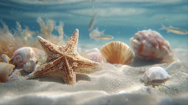 Realistic 3D underwater scene with starfish and colorful seashells scattered on bright sandy ocean floor, soft blue water and sunlight above, tropical marine nature background.