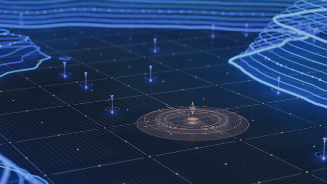 UAV mission control HUD 3D rendering with central radar reticle over volumetric terrain mesh