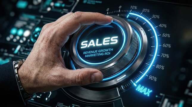 A hand turns a glowing sales control knob on a futuristic digital dashboard towards maximum revenue growth and marketing return on investment