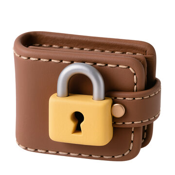 Brown leather wallet locked with yellow padlock isolated on transparent background
