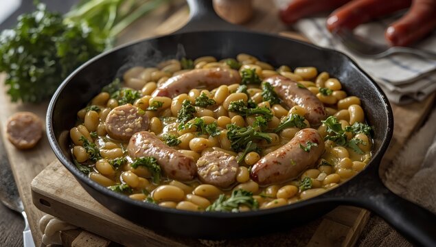Creamy butter beans and sausages with kale pesto in a cast iron skillet