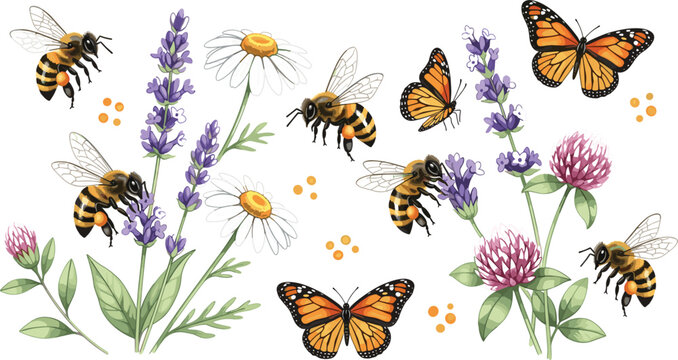 Hand drawn bees butterflies wildflowers botanical illustration set pollination nature garden elements lavender daisy clover realistic vector design collection
