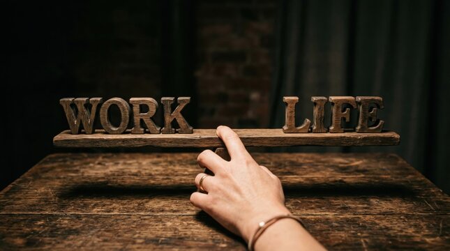 Human hand balancing wooden WORK and LIFE letters on a rustic table symbolizing work life harmony with dramatic lighting