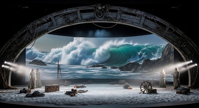 Theatrical stage set with a large, curved screen displaying a powerful ocean wave, evoking a sense of drama and natures force.