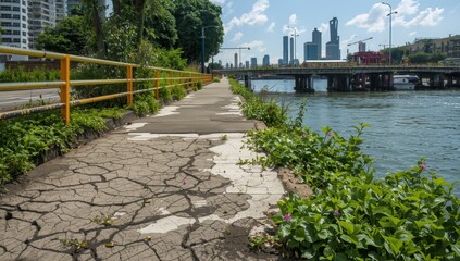 Fototapeta premium Damaged pavement on a bridge featuring a yellow guard and plants