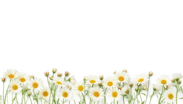 Daisy blooms and buds in border arrangements on a white background