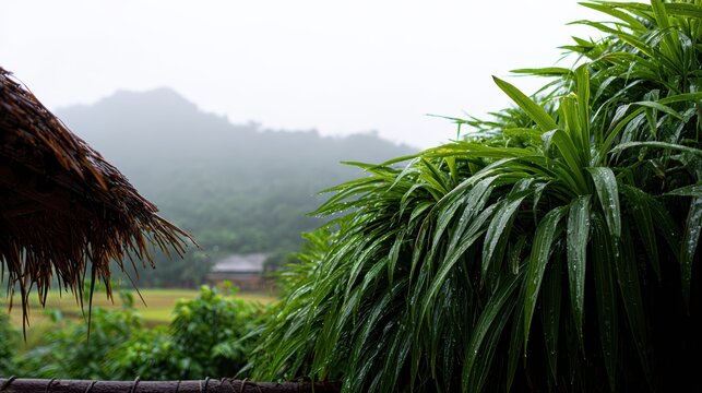 雨季には田舎の植物に雨が降ります