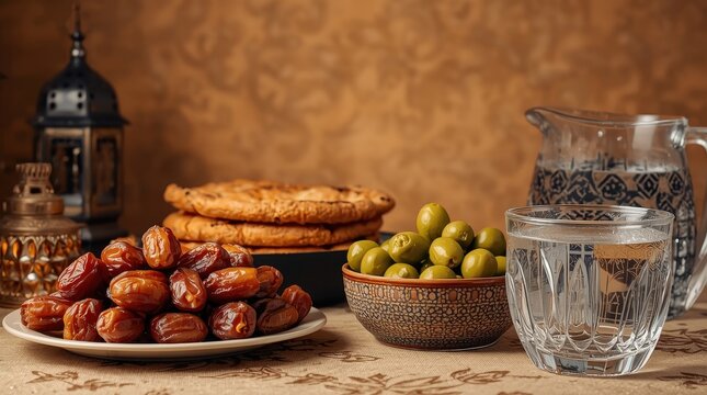 Dates, green olives, pita for Ramadan, and water for iftar