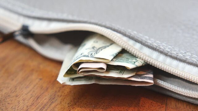 Close up of US dollars peeking out of an open grey purse zipper on wooden surface.