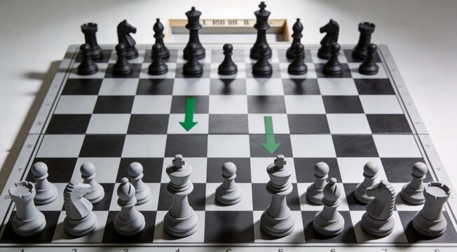 Market Chess Table. Minimal chess pieces replaced by abstract blocks and trend arrows sit on a grid board with soft spot light