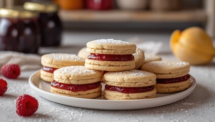 Fototapeta premium Delicious homemade cookie sandwiches filled with jam