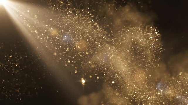 Golden dust particles explode upwards in a spotlight, abstract celebration background