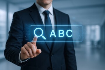 Obraz premium Businessman Interacting with Virtual Search Interface, Highlighting Digital Communication and Data Analytics Solutions for Modern Business