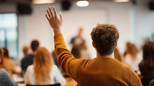 Student Raising Hand in Classroom During Lecture, Engaged Learning in Educational Setting