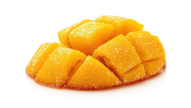 Dried mango pieces on a white backdrop, lateral view