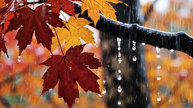 Autumn maple leaves in the rain, with droplets and bokeh