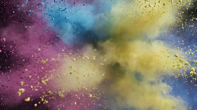 Vibrant clouds of pink, blue, and yellow powder explode against a dark background