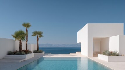 Fototapeta premium Luxury Villa with Infinity Pool Overlooking Ocean: Modern Architecture, Minimalist Design, Tranquil Vacation