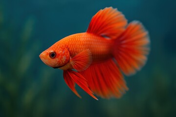 Obraz premium Vibrant Red Betta Fish Portrait: Siamese Fighting Fish with Flowing Fins, Captivating Aquatic Beauty