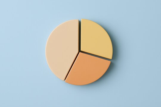 Pie chart composed of 3 parts, pastel colors, infographic element on blue background, overhead shot