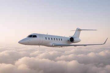 Obraz premium Luxury Private Jet Flying Above Clouds at Sunset, Symbolizing Wealth and Exclusive Travel