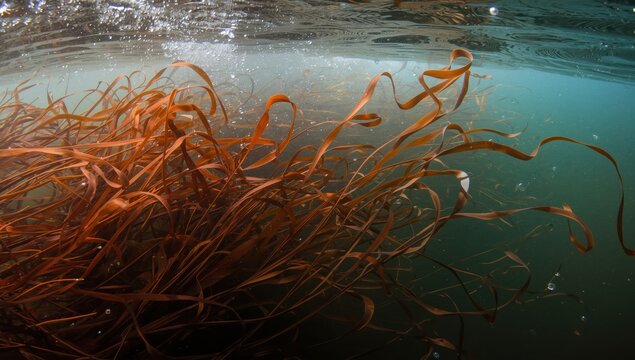 Entangled brown kelp fronds in a shallow, cloudy bay. Location: Leigh, New Zealand