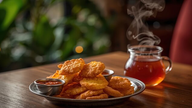 Fafda with ketchup, mint chutney, and tea; a favored Indian snack, focused shot