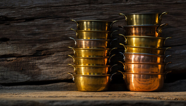 High-Resolution Photography of Neatly Stacked Traditional Indian Brass and Copper Kitchenware